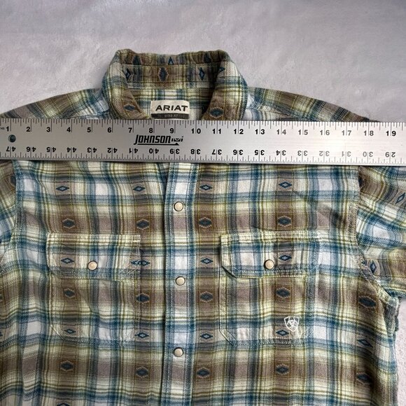 Ariat Retro Fit Mens Plaid Long Sleeve Button-Up Snap Shirt Medium Brown/Blue - Picture 10 of 12